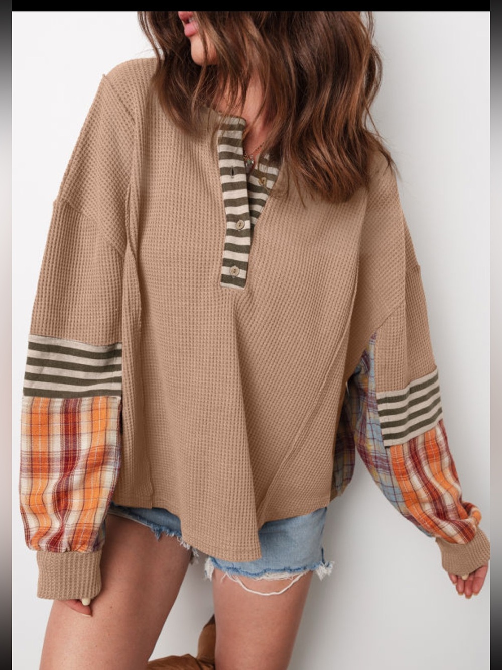 1285. Waffle patchwork plaid Henley knit top